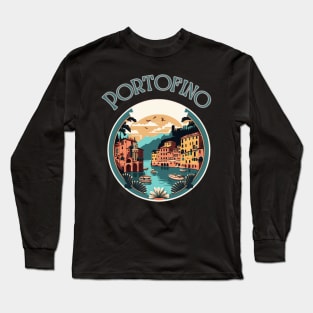 Portofino Italy Streetscape Art - Retro Vintage Travel Long Sleeve T-Shirt